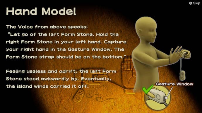 WarioWare: Move It! screenshot showing the mand model microgame instructions screen with diagrams of a mannequin and explanatory text.