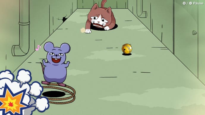 WarioWare: Move It! screenshot showing a microgame where a cat at the far end of the corridor is running towards a mouse in the foreground, in cartoon style.