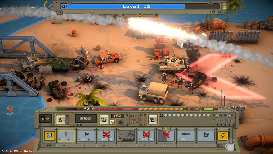 A screenshot of Warpips, showing a scene of pixellated 3D war between troops, tanks, and rocket fire, with menu buttons along the bottom of the screen.