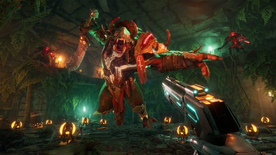 An orc-like creature leaps at the player in Warstride Challenges.