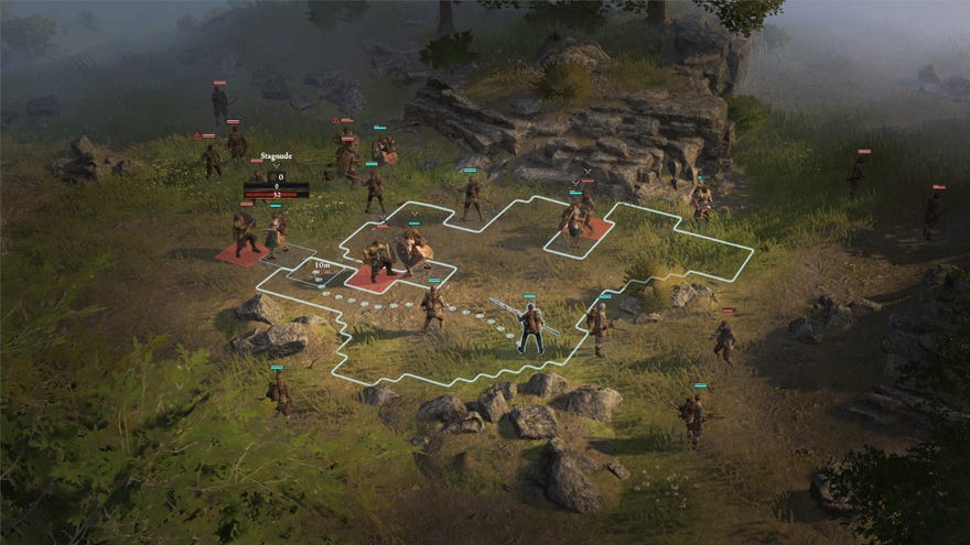 A grid-based battlefield in a Wartales screenshot.