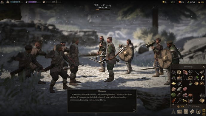 Two groups of mercenaries face off in a snowy forest in Wartales
