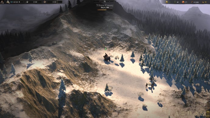 An overhead map screen of a snowy mountain range in Wartales