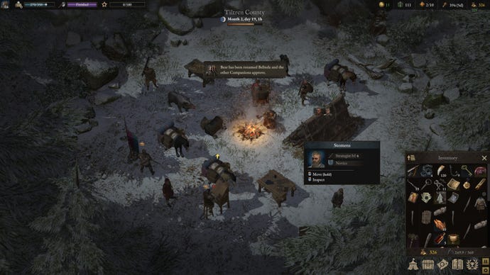 A group of mercenaries  gather around a campfire in a snowy wood in Wartalwa