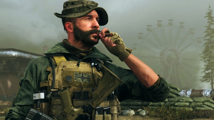 Captain Price puffs on a cigar.
