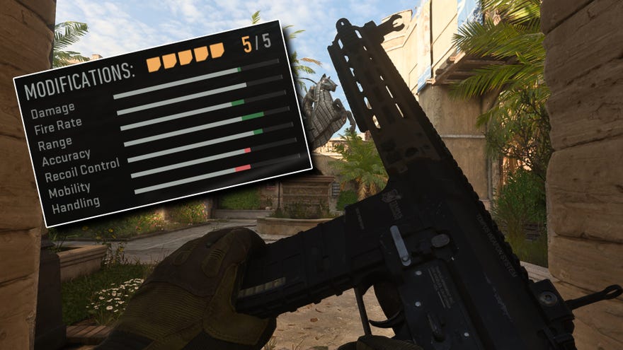 The player inspects the M4 in their hands in a Warzone 2 match. On the left is superimposed the in-game stats of a modified M4 loadout.