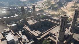 A bird's eye view of a courtyard area in Al Mazrah, the Warzone 2.0 map.