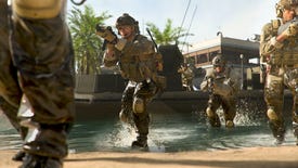 A squad of soldiers deploys in Warzone 2.0 via a boat in a river.