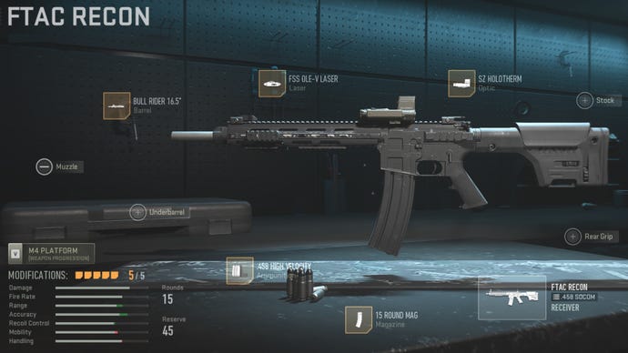 The FTAC Recon in the Warzone 2 Gunsmith screen, with all the attachments for the best FTAC Recon loadout applied.