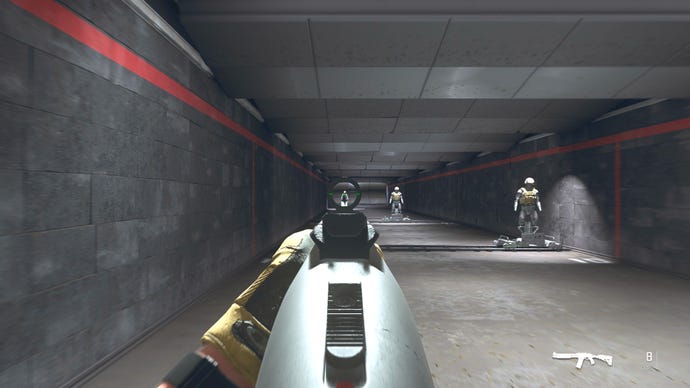 The player in Warzone 2.0 aims at a training dummy with the Bryson 890 ironsights.