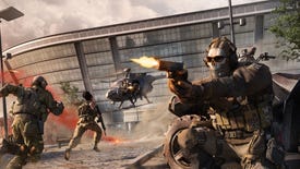 A soldier wearing a skull mask and sunglasses fires a pistol off-screen in Warzone 2.0, while their squadmates run towards a nearby chopper.