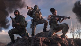Three soldiers in Warzone 2.0 crouch atop a hill and pose in front of the camera.