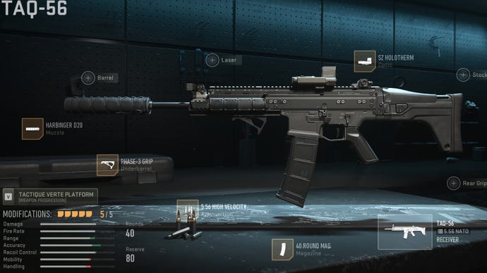 The TAQ-56 in the Warzone 2 Gunsmith screen, with all the attachments in our best TAQ-56 loadout applied.