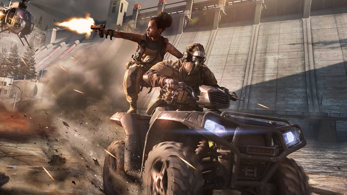 A soldier drives a buggy in Warzone 2.0 while their fellow soldier fires a pistol offscreen from the back seat.