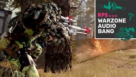 A player in Call Of Duty Warzone wearing camouflage and shooting their sniper rifle at somebody in front of them, with the Warzone Audio Bang podcast logo in the top right