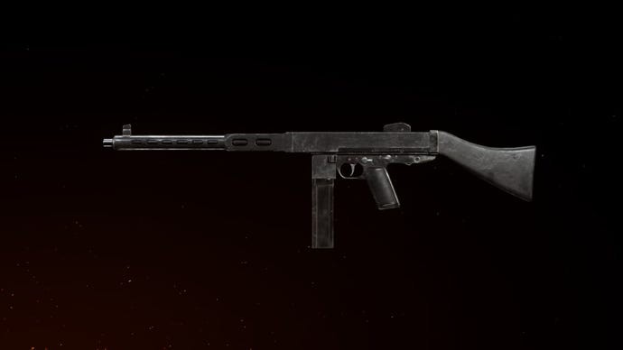 Cooper Carbine rendered in the Vanguard Gunsmith against a black background. Red fiery hue in lower left corner
