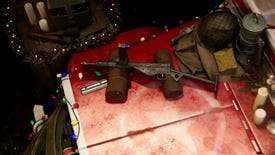Sten SMG surrounded by festive Christmas lights and decorations. Various pieces of military gear sit nearby, along with some lovely candles.