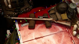 A festive Type 99 Sniper Rifle in the Vanguard gunsmith loadout screen. It is on a crate surrounded by Christmas decorations and some festive lights.