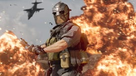 An image from Warzone Season 4's mid-season update which shows a masked operator wielding a mace as an explosion erupts behind them.