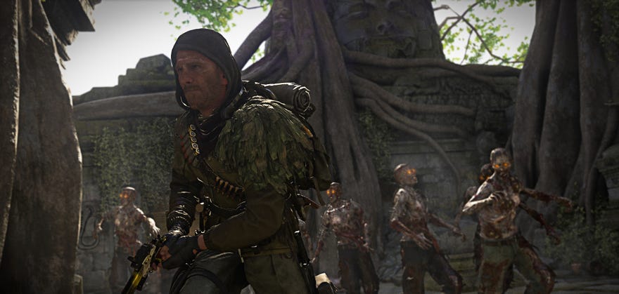 A Warzone operator flees a horde of zombies behind him.