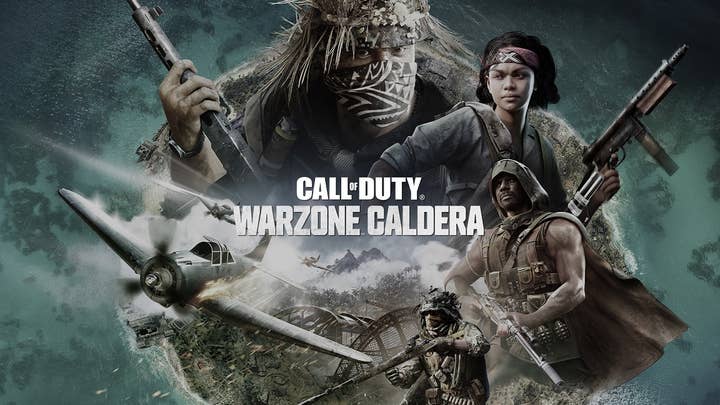 Promo art for Call of Duty: Warzone Caldera showing soldiers with guns and dogfighting planes
