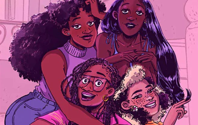 Cropped illustration of four women with four different hairstyles smiling and posing