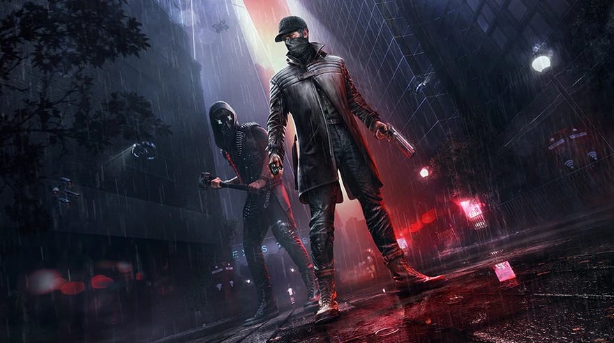 A piece of key art for Watch Dogs Legion's Bloodline DLC, showing Aiden Pearce and Watch Dog 2's Wrench in the middle of London.