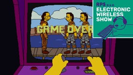 A game over screen for the browser game Kevin Costner's Waterworld, a fanwork version of the Simpsons joke arcade game. The EWS podcast logo is in the top right hand corner