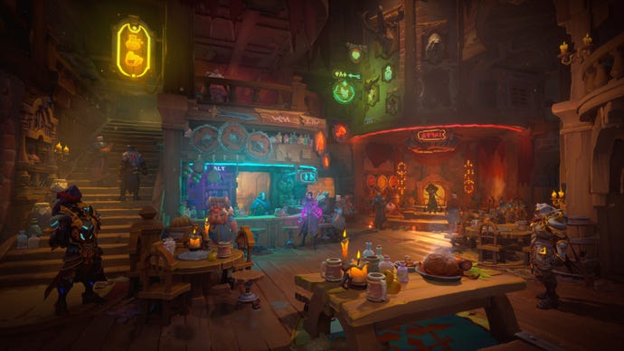 A cozy tavern area in Wayfinder bustles with heroes.
