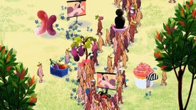 A screenshot of We Dwell In Possibility, showing a 2D garden filled with several colourful plants and several naked people facing away.