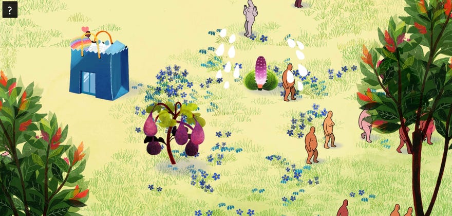 A screenshot of We Dwell In Possibility, showing a 2D garden filled with several colourful plants and several naked people.