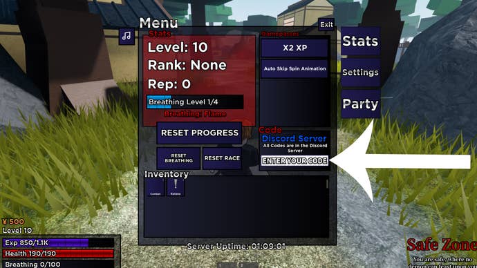 Arrow pointing at the menu used to redeem codes in Roblox game Weak Legacy.
