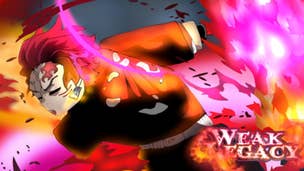 Artwork for Roblox character Weak Legacy showing an anime character performing a magical sword attack.