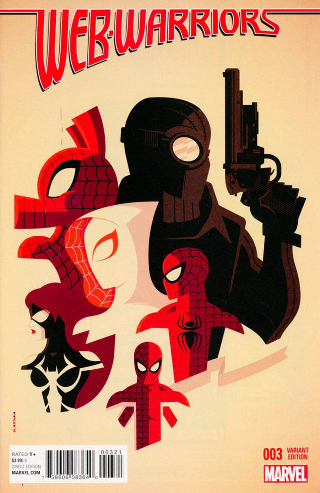 Illustrated cover feauturing multiple Spider-Men