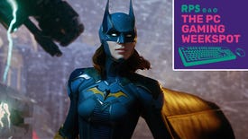 A shot of Batgirl from Gotham Knights about to face off against Mr. Freeze, with the logo for The PC Gaming Weekspot podcast in the top right