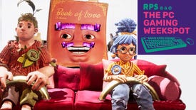 The playable characters of It Takes Two sitting on a sofa, Cody on the left and May on the right, with the Book Of Love Dr. Hakim in the middle of them. The PC Gaming Weekspot podcast logo is in the top right