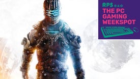 Isaac Clarke from Dead Space 3 standing in front of a white backdrop, with The PC Gaming Weekspot logo in the top right