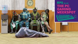 Concept art for Condor, a co-op spin-off to Control, showing four agents waiting on a bench with an occupied body bag in front of them. The PC Gaming Weekspot podcast logo is in the top right