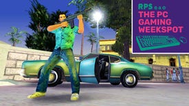 Tommy Vercetti of Grand Theft Auto: City standing in front of a blue car, aiming his gun off to the right side of the image. The PC Gaming Weekspot logo is in the top right of the image.