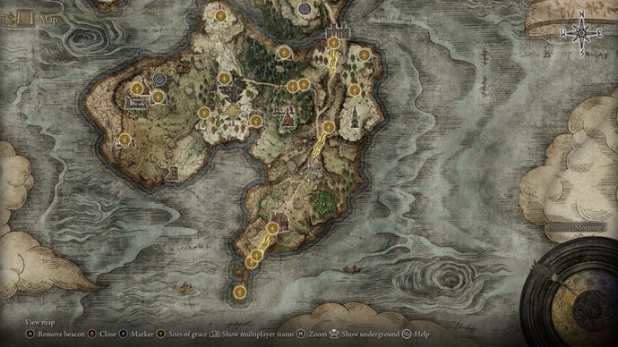 The location of the Weeping Peninsula map fragment in Elden Ring