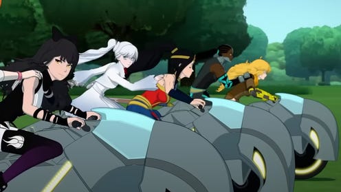 Still image from animation featuring the RWBY team alongside the Justice league