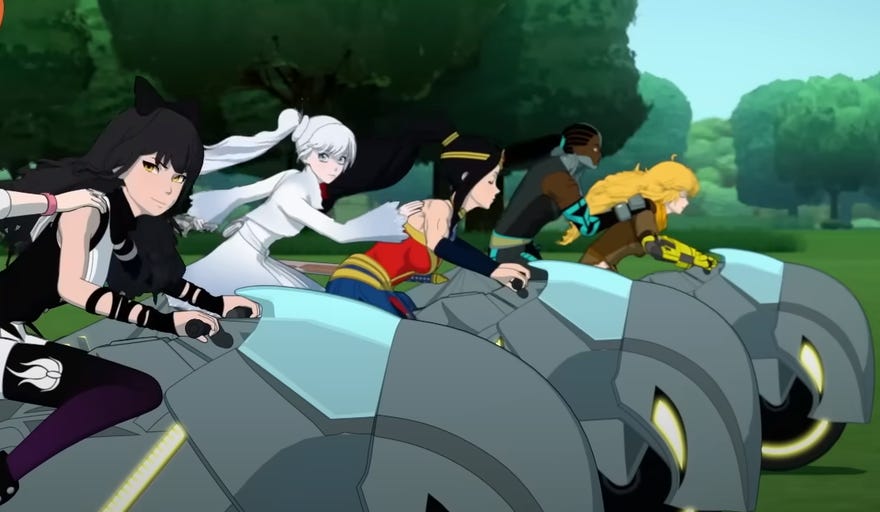 Still image from animation featuring the RWBY team alongside the Justice league