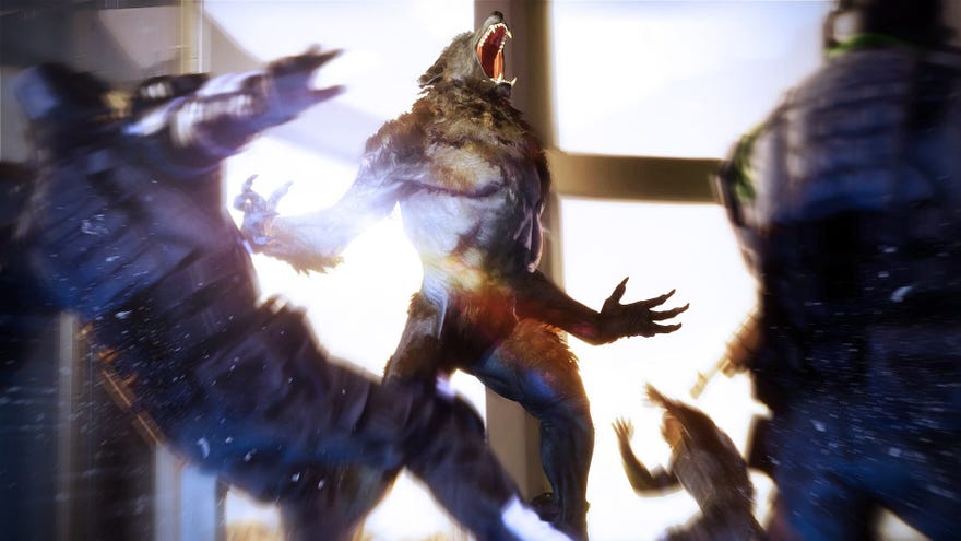 A wolfman howls in a Werewolf: The Apocalypse - Earthblood screenshot.