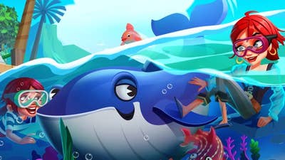 Promo art for Farmville 2: Tropic Escape shows two women in diving masks playing with a whale