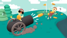 What The Golf - A person sits on top of a cannon that's firing a hotdog towards a golf hole