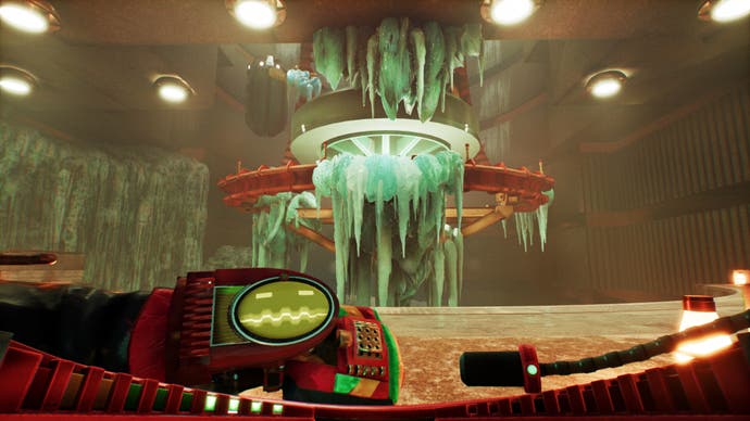 Return to Grace screenshot showing your left arm with special watch in the foreground, and a retro art deco-style futuristic room with big frozen platform ahead