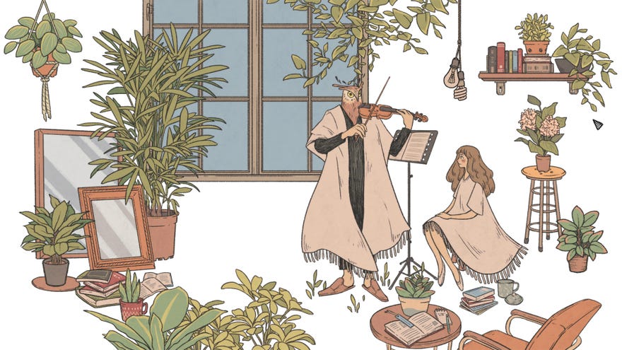 A screenshot of Owl playing the violin and Eda listening in their apartment in When The Past Was Around
