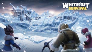 Whiteout Survival artwork showing three characters looking over a frozen canyon