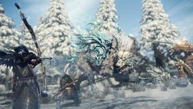 A group of hunters in Wild Hearts face off against a giant ice wolf