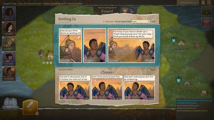Deciding how one character feels about another in a Wildermyth screenshot.